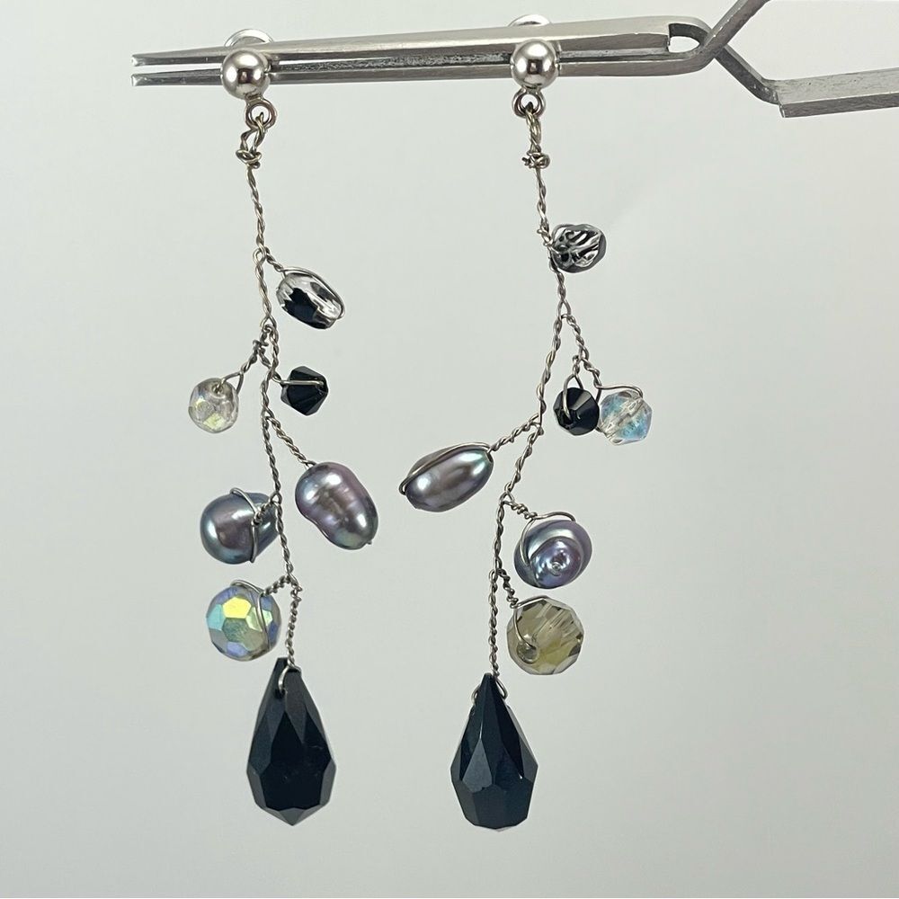 Tahitian Pearl White Ab Black Glass Beaded Silver Tone Wire Dangle Earrings